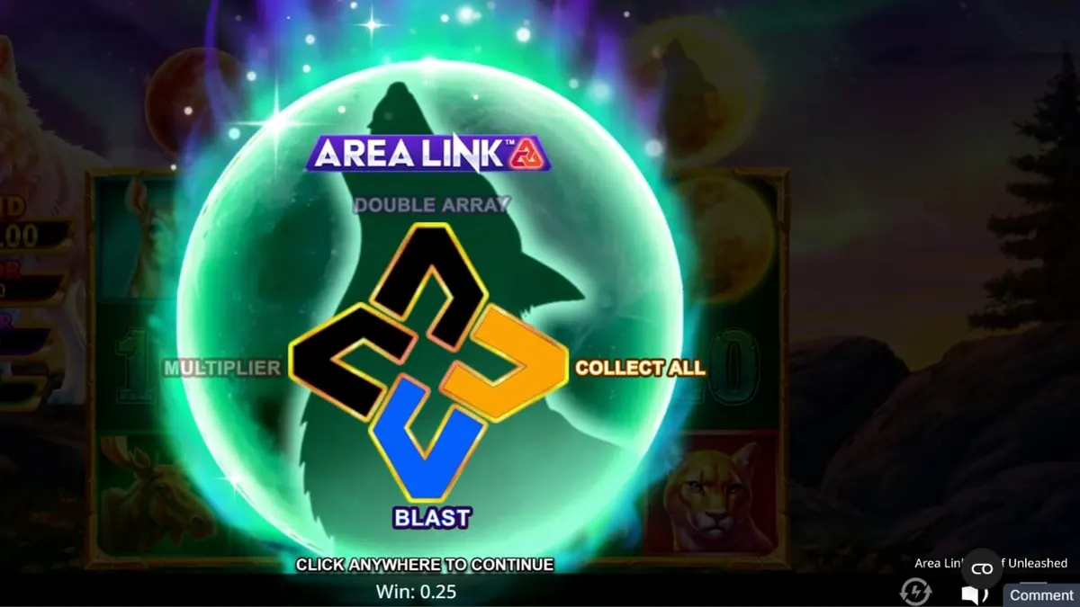 Cenário noturno com lobos e Aurora Boreal no slot Area Link Wolf Unleashed
