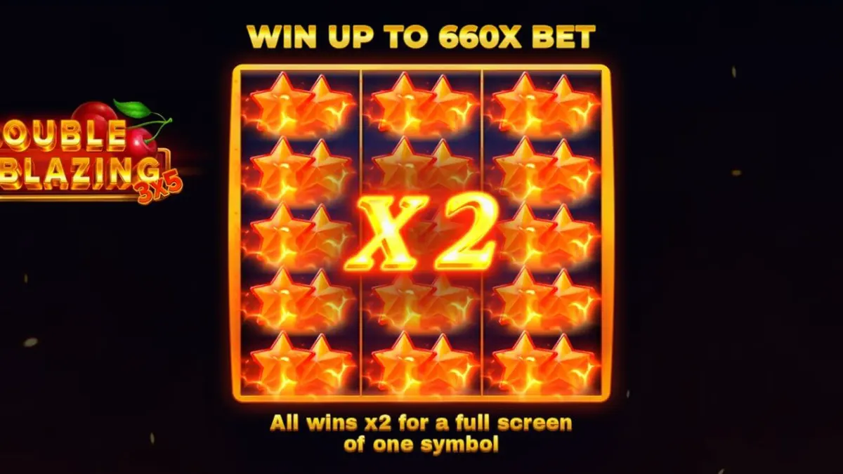 Interface do jogo 3x5 Double Blazing com símbolos clássicos e fundo em chamas