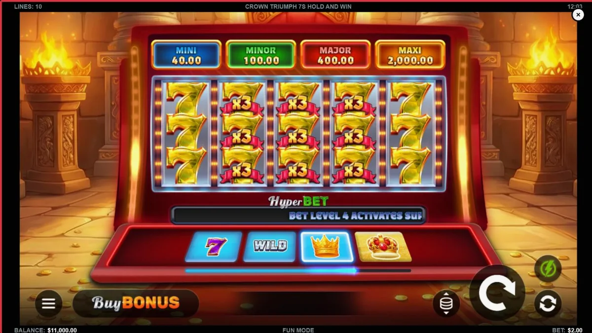 Interface luxuosa do slot Crown Triumph 7s Hold and Win com símbolos brilhantes