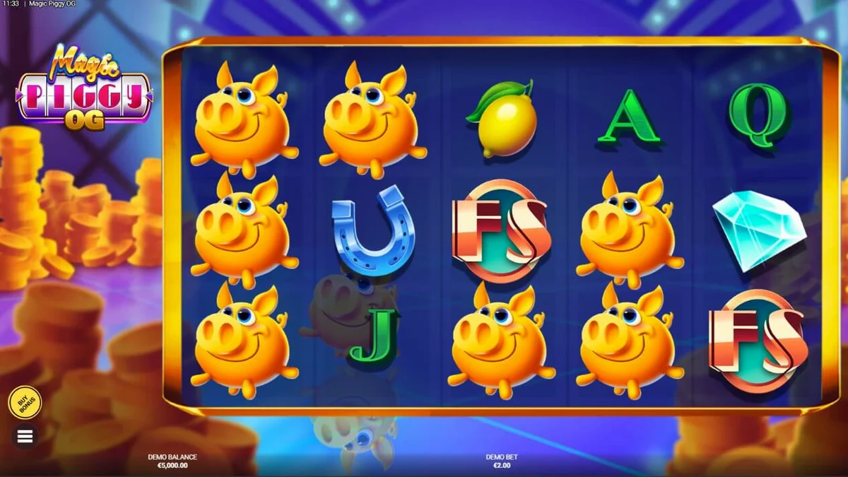 Interface de jogo do slot Magic Piggy OG com tema de show de prêmios
