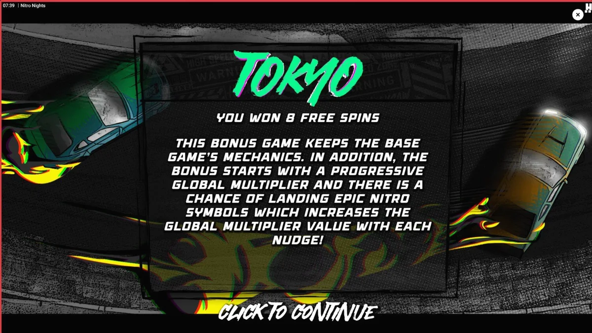 Interface do jogo de slot Nitro Nights com tema de corrida de rua neon