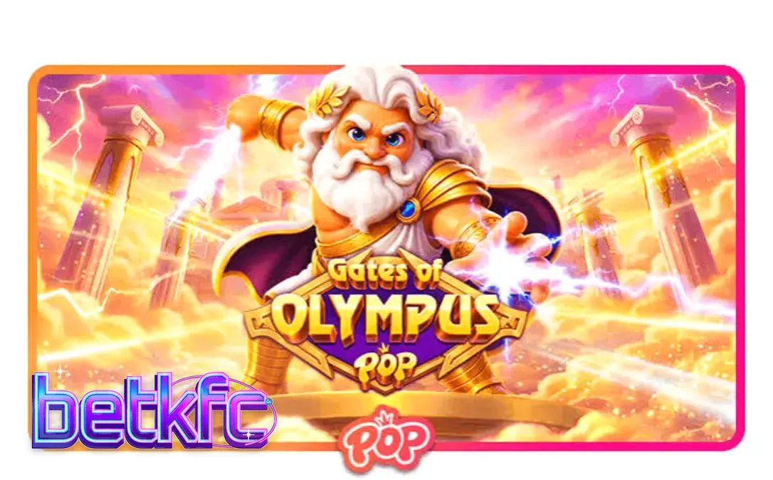 Interface do jogo Gates of Olympus POP com Zeus e símbolos dourados